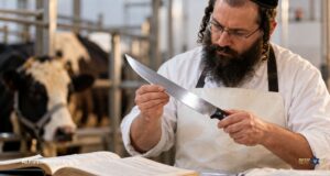 שוחט יהודי בודק סכין שחיטה במהלך הכשרה מקצועית
